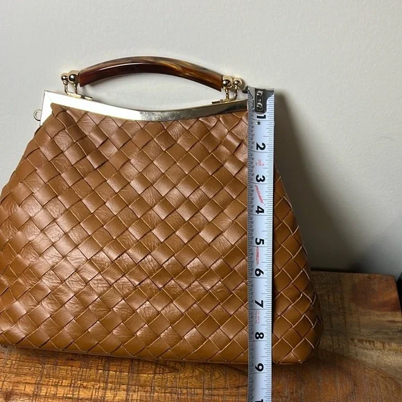 Valentina Fiore Brown Woven Leather Shoulder Bag with Curved Handle, No Strap - Picture 3 of 9